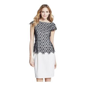 Adrianna Papell Black Lace Overlay‎ Short Sleeve Peplum Knee Length Dress Sz 6